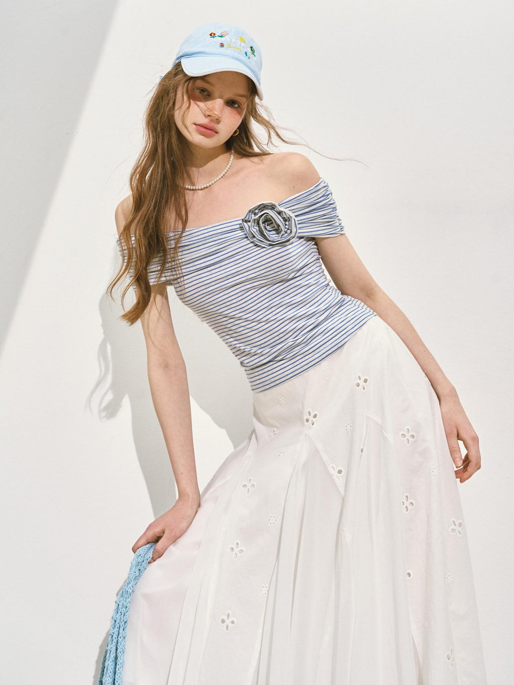 SOMESOWE Stretch Cotton Slim Cropped Bardot Blue White Striped Short Sleeve T-Shirts