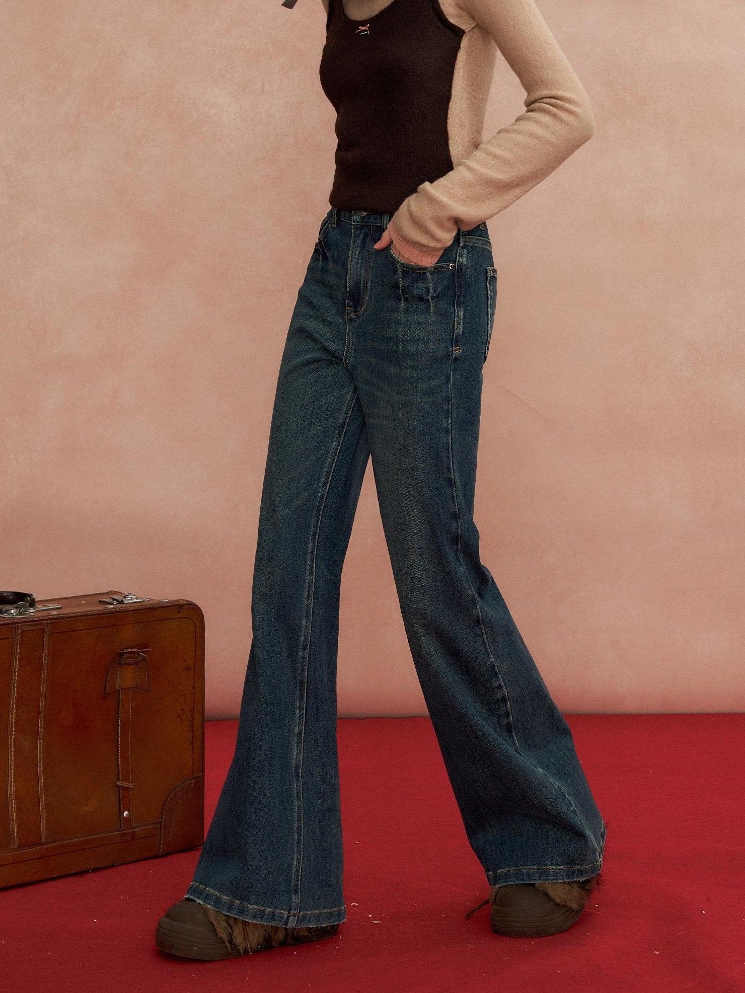 SOMESOWE Pleated High Waist Casual Pockets Slight Flare Stretch Blue Wide Leg Jeans
