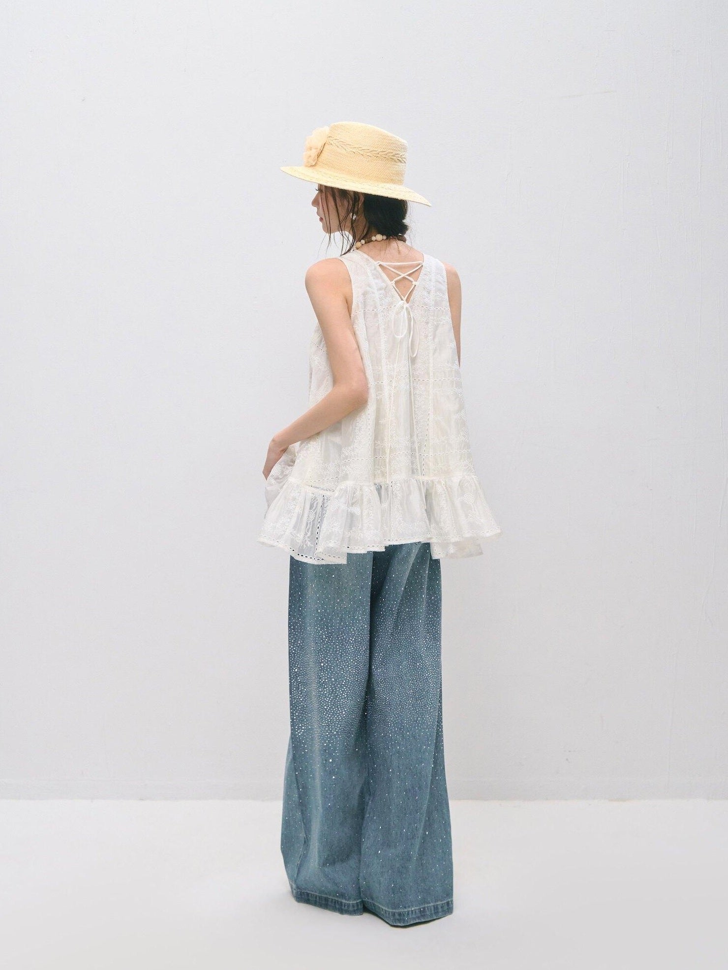 SOMESOWE Ruffled A Line Loose Fit Casual Round Neck Sleeveless Women Tank Tops