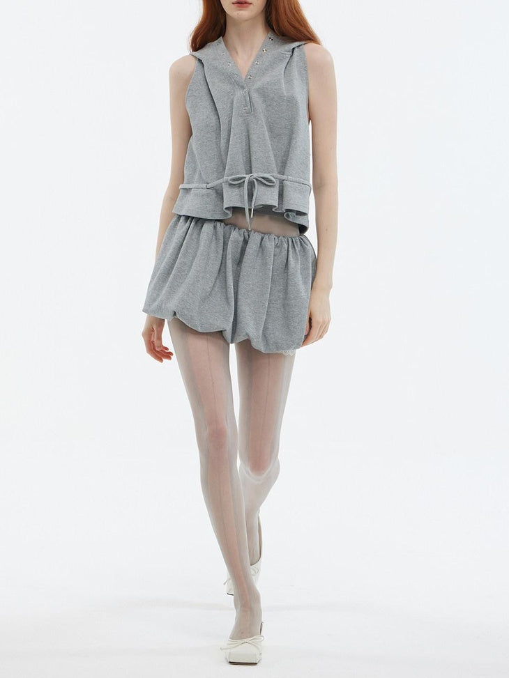 ALINNVSTUDIO Sweet Bubble Hem Mid Rise Solid Color Casual Everyday Mini Shorts