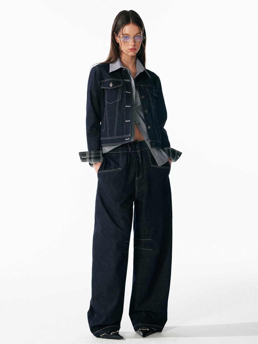 ALINNVSTUDIO Relaxed Fit Cotton Natural Waist Topstitch Deep Indigo Women Wide Leg Jeans