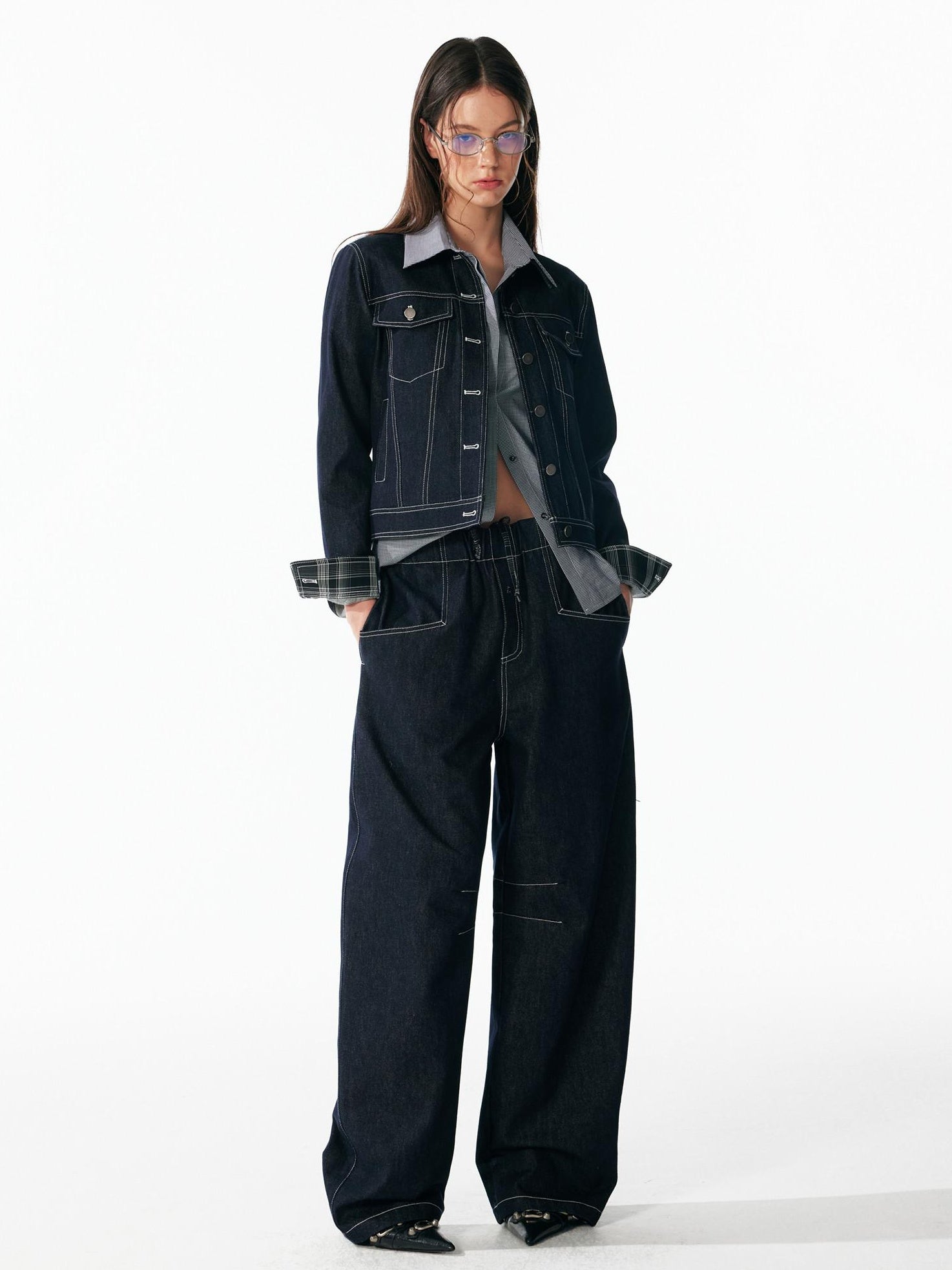 ALINNVSTUDIO Relaxed Fit Cotton Natural Waist Topstitch Deep Indigo Women Wide Leg Jeans