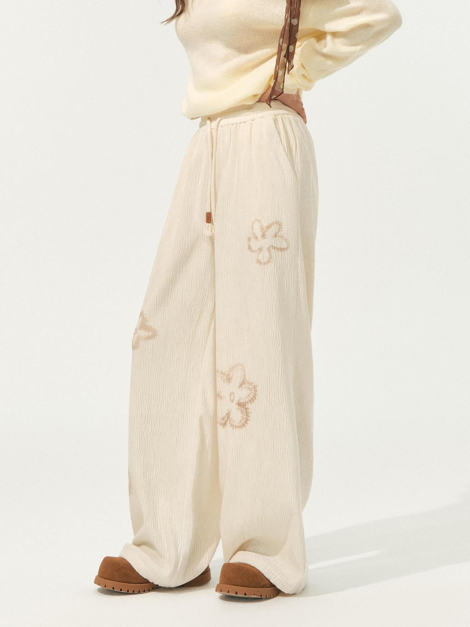 SOMESOWE Pleated Floral Pocket Loose Beige Womens Polyester Wide Leg Pants