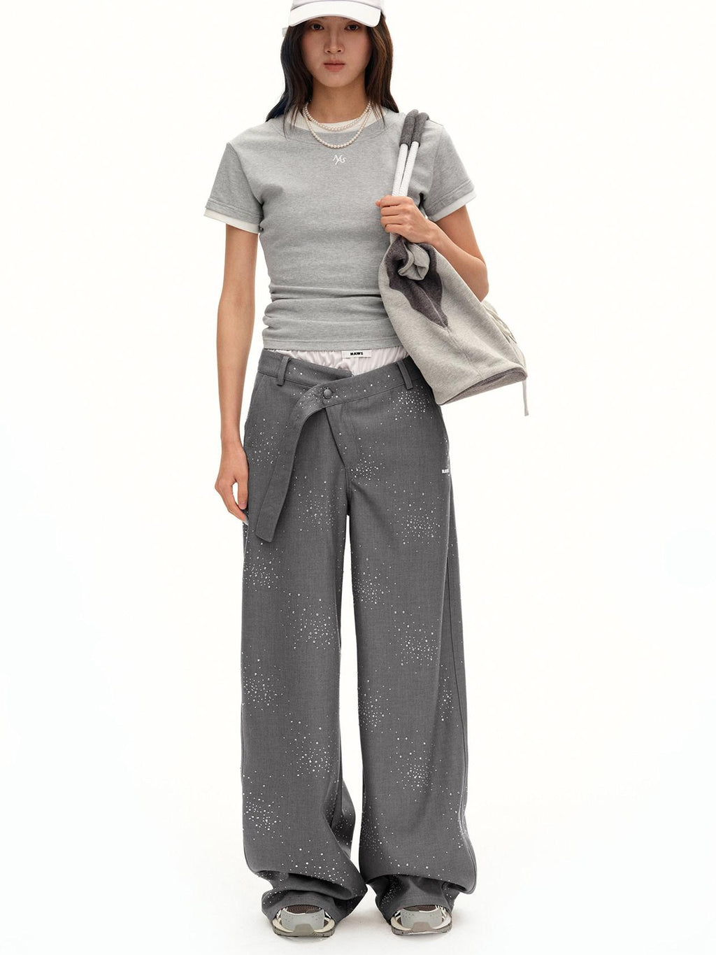 NAWSNOTAWEAR Rhinestone Low Rise Relaxed Women Button Closure Mist Gray Wide Leg Pants