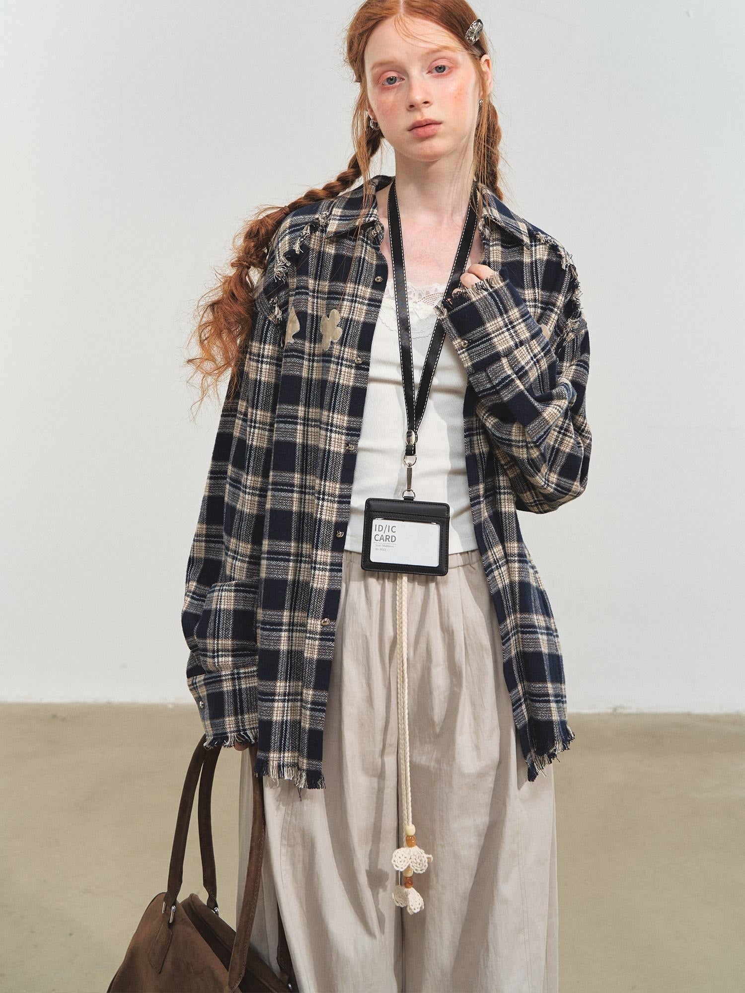 SOMESOWE Durable Fringe Plaid Loose Polo Collar Long Sleeve Women Wool Shirts
