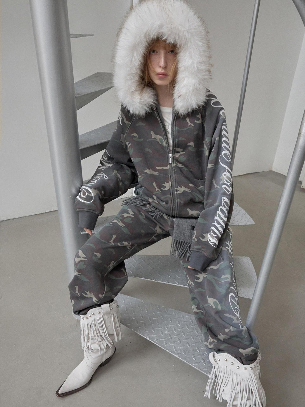 1JINN STUDIO Camouflage Embroidered Cotton Casual Long Sleeve Long Pants Top & Pants Sets