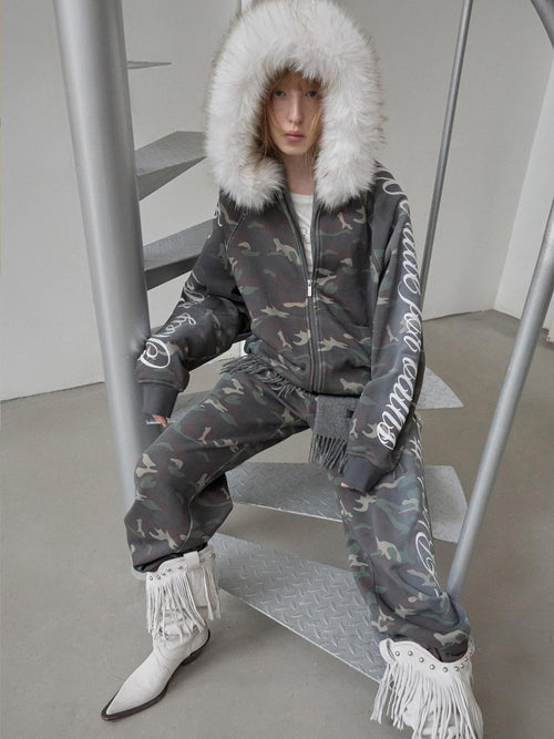 1JINN STUDIO Camouflage Embroidered Cotton Casual Long Sleeve Long Pants Top & Pants Sets