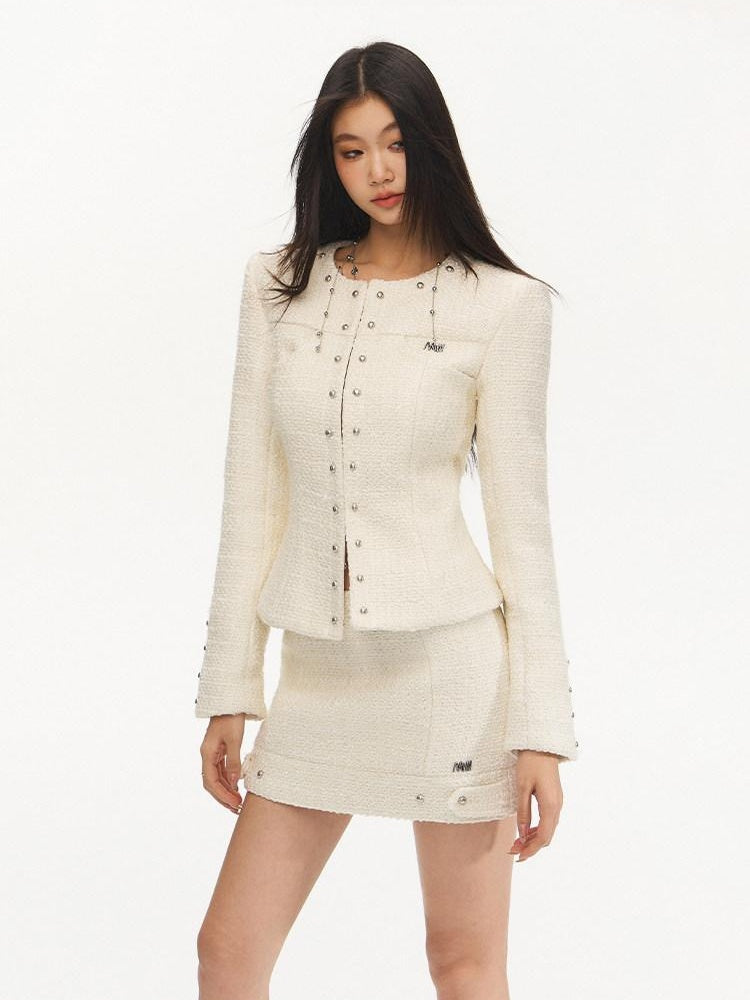 NAWSNOTAWEAR Wool Blend Two Piece Set Long Sleeve Round Neck Women Pearl White Mini Skirts