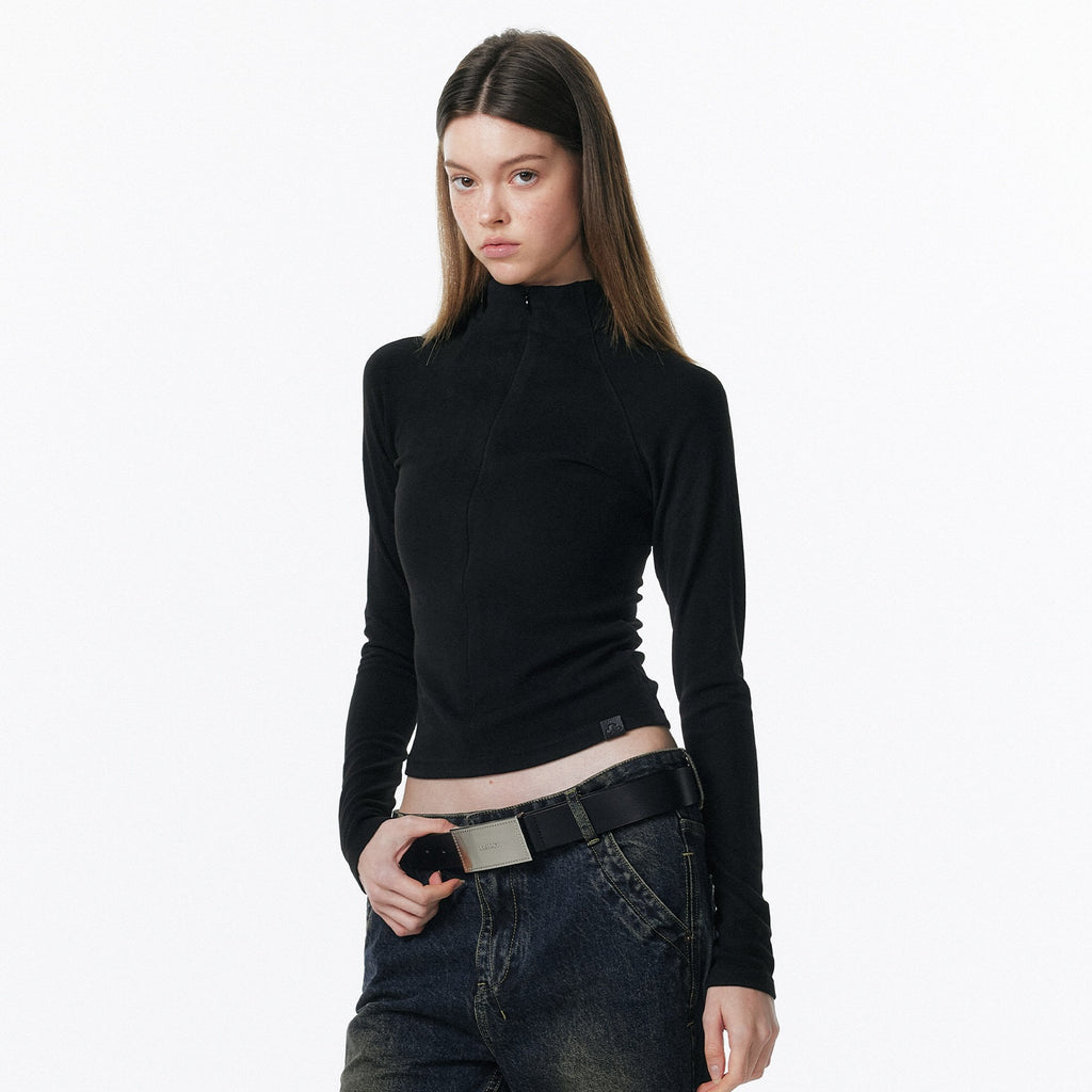 ALINNVSTUDIO_Zip_Half_Collar_Slim_Commuter_Ladies_Black_Olive_Long_Sleeve_T-Shirts_MISSTT