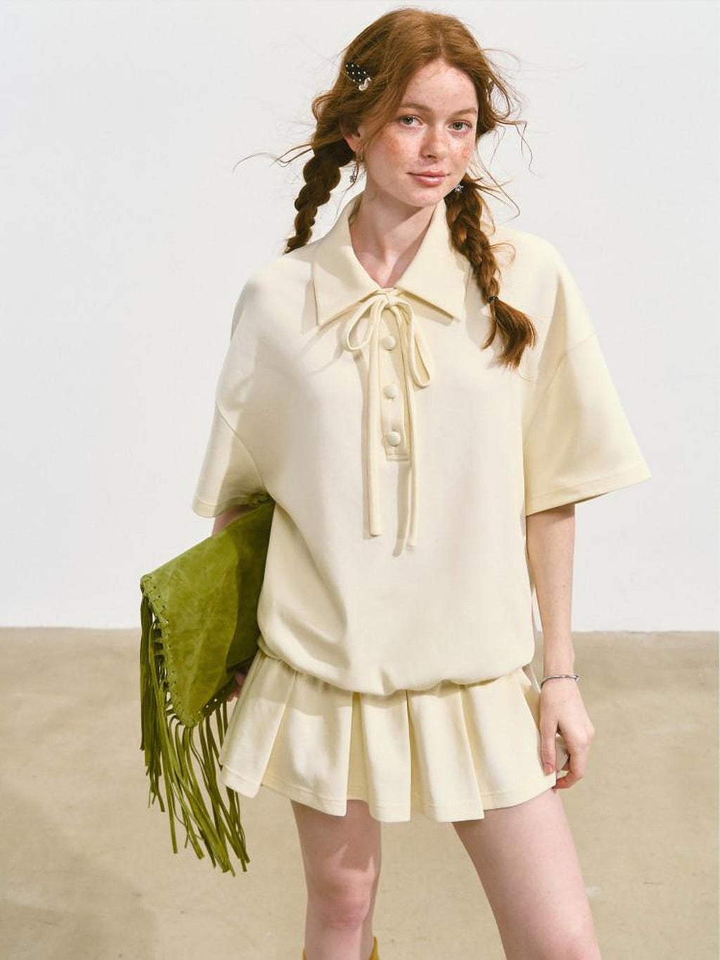 SOMESOWE Cotton Blend Minimal Tie A Line Tee Office Beige Mini Dresses