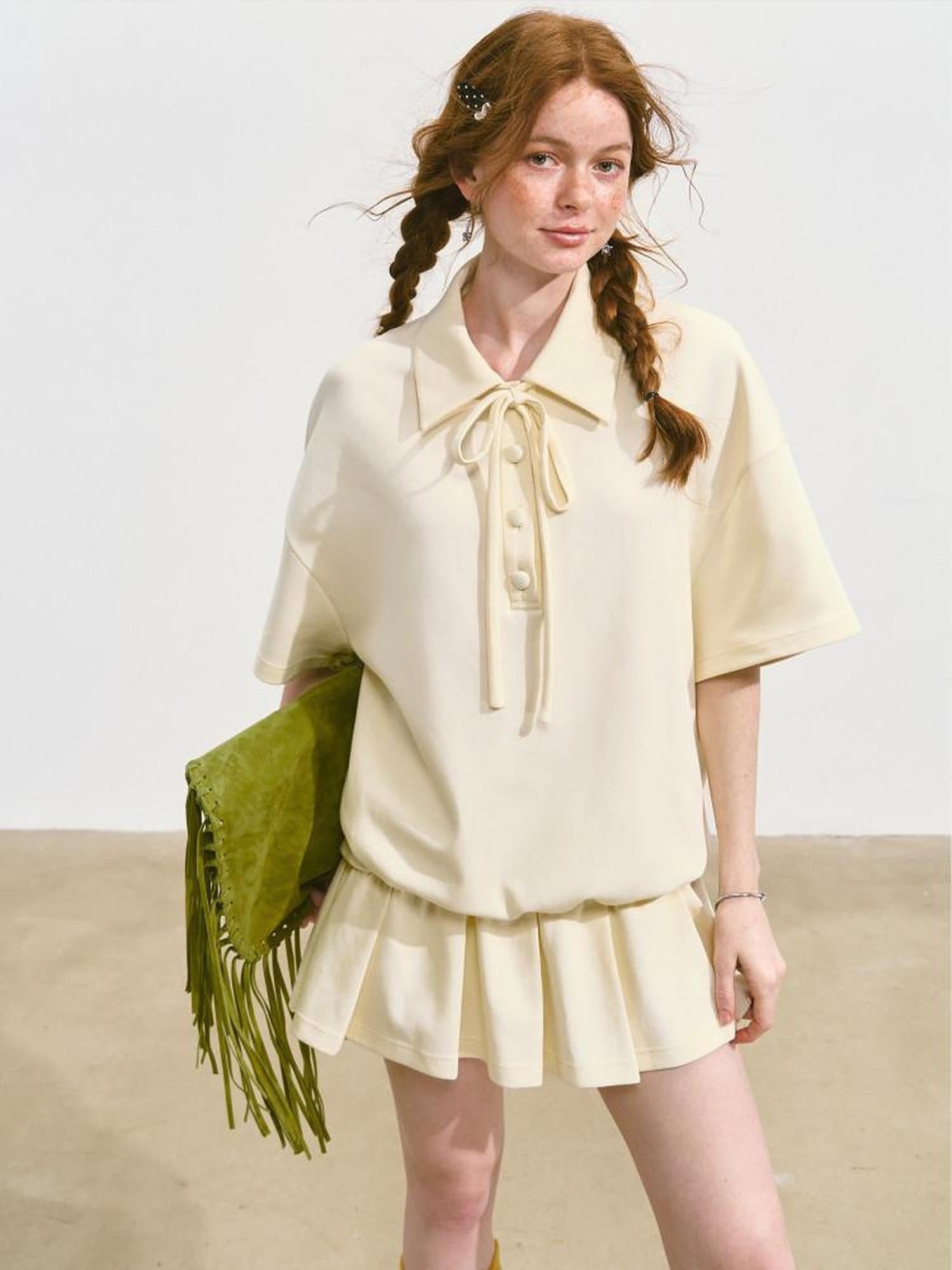 SOMESOWE Cotton Blend Minimal Tie A Line Tee Office Beige Mini Dresses