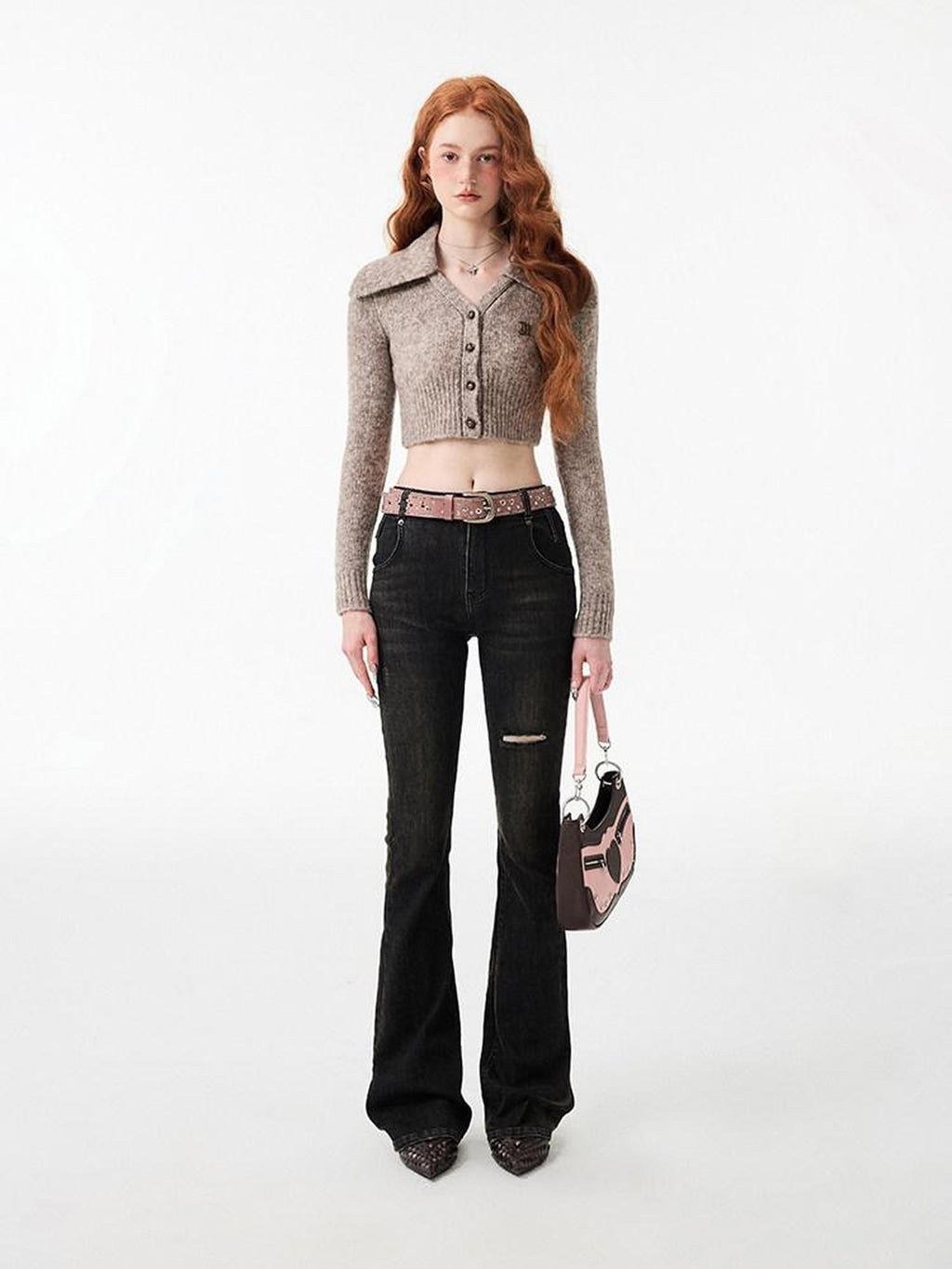 1JINN STUDIO Thick Micro Stretch Vintage Washed Slim Natural Waist Women Denim Flared Jeans