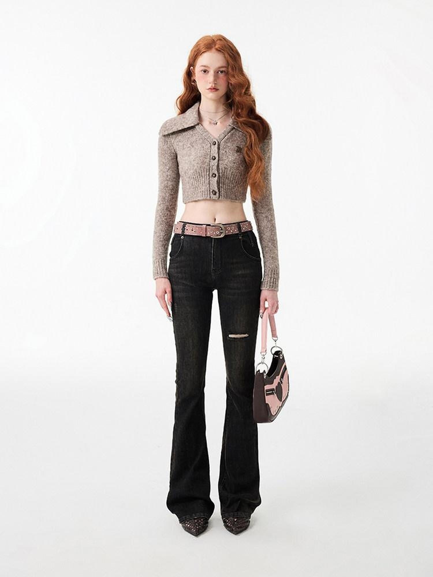 1JINN STUDIO Thick Micro Stretch Vintage Washed Slim Natural Waist Women Denim Flared Jeans