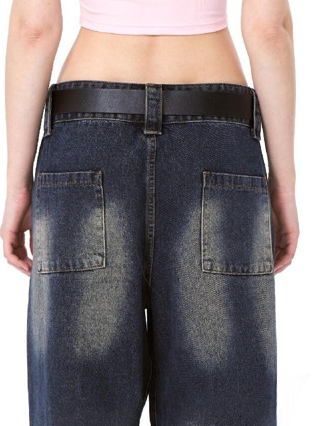 DeleteEx High Waist Distressed American Loose Fit Zipper Women Dark Blue Wide Leg Jeans
