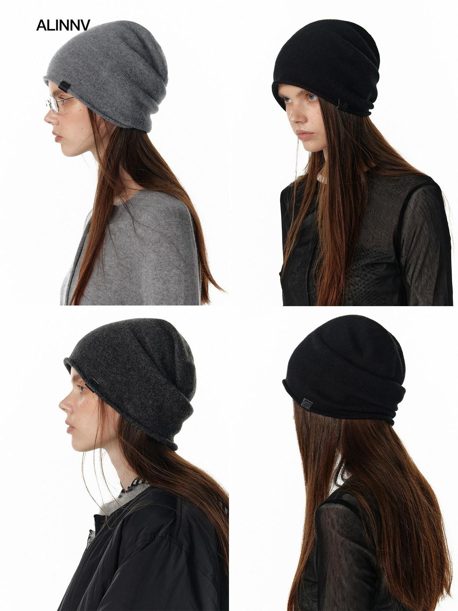 ALINNVSTUDIO Soft Wool Warm Casual Round Top Unisex One Size Black Grey Classic Beanies