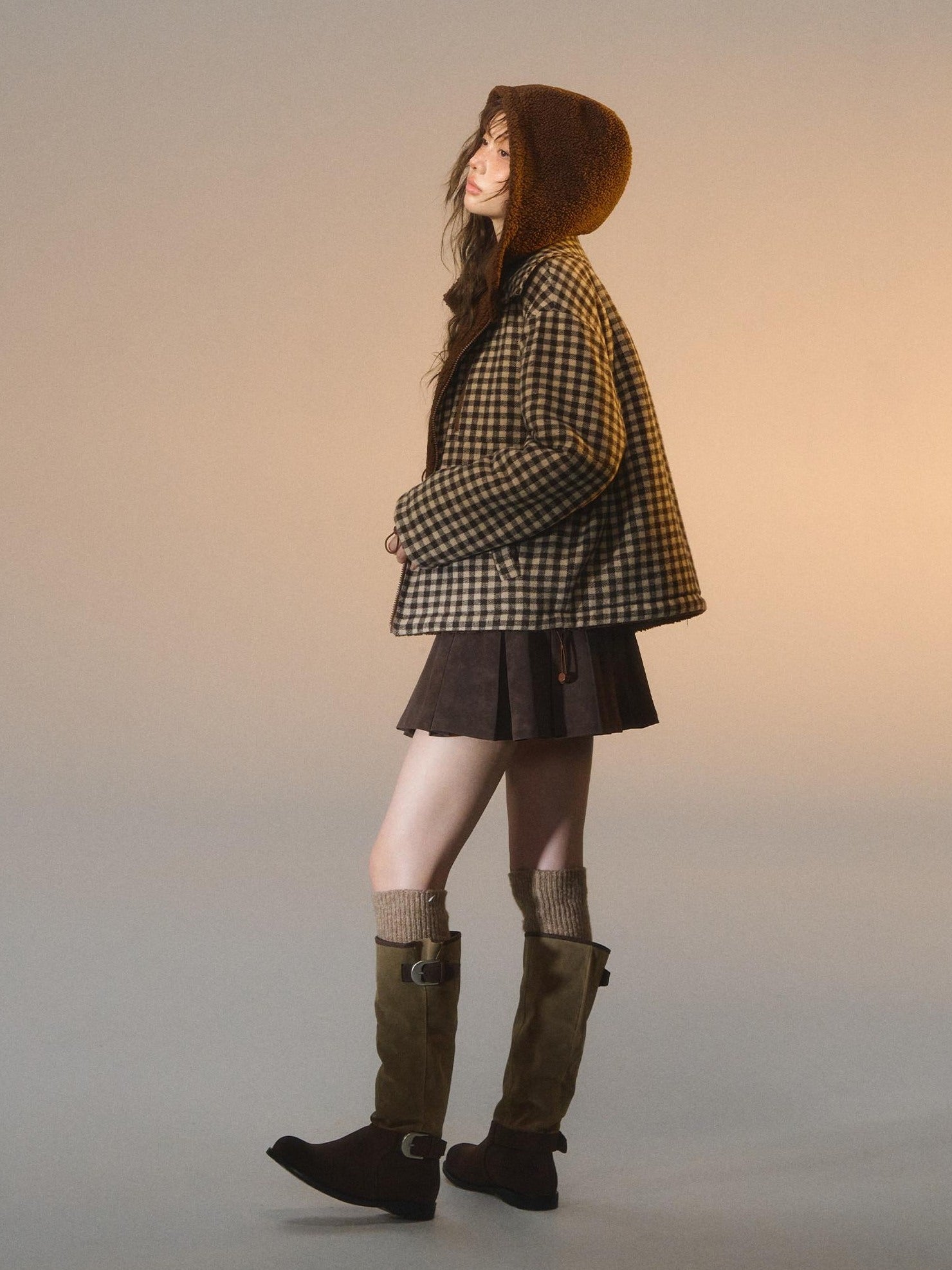 SOMESOWE Reversible Plaid Loose Fit Short Button Women Brown Polyester Jackets