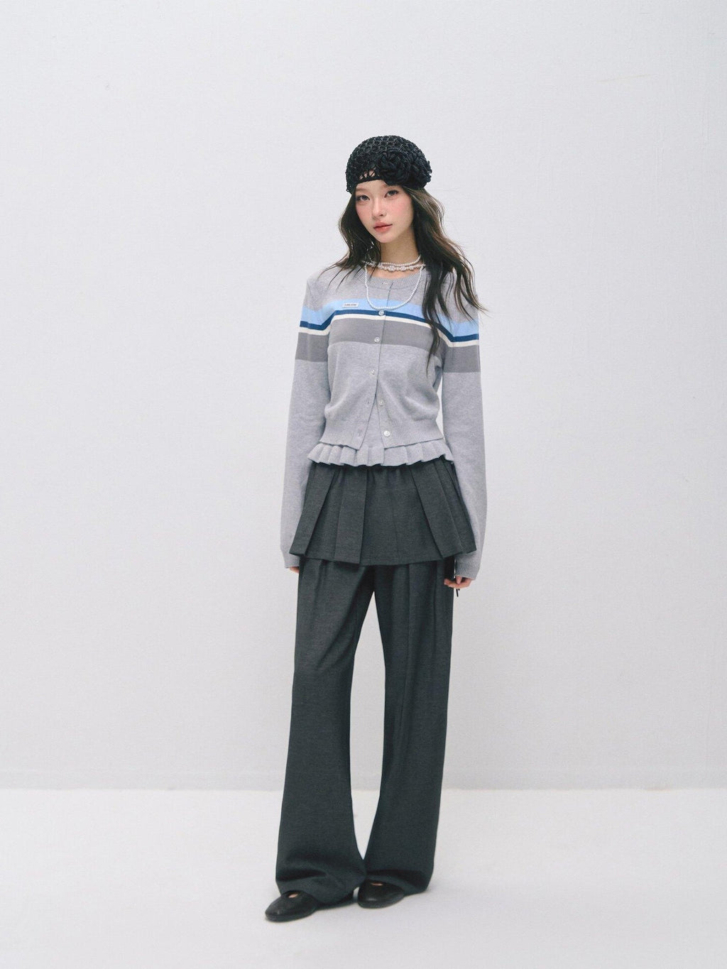 SOMESOWE Ruffle Collared Cardigan Long Sleeve Loose Fit Women Blue Top & Skirt Sets