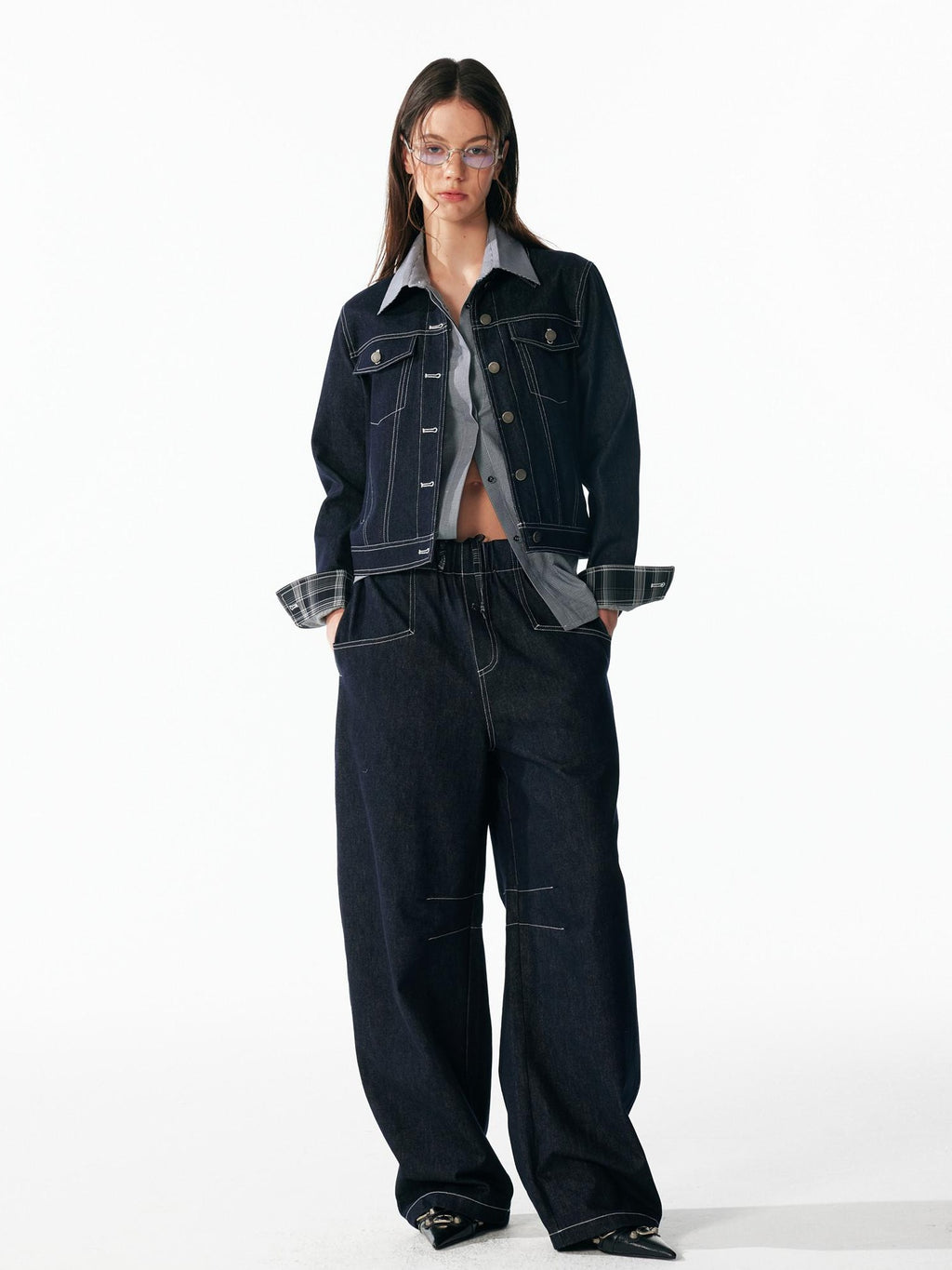 ALINNVSTUDIO Relaxed Fit Cotton Natural Waist Topstitch Deep Indigo Women Wide Leg Jeans