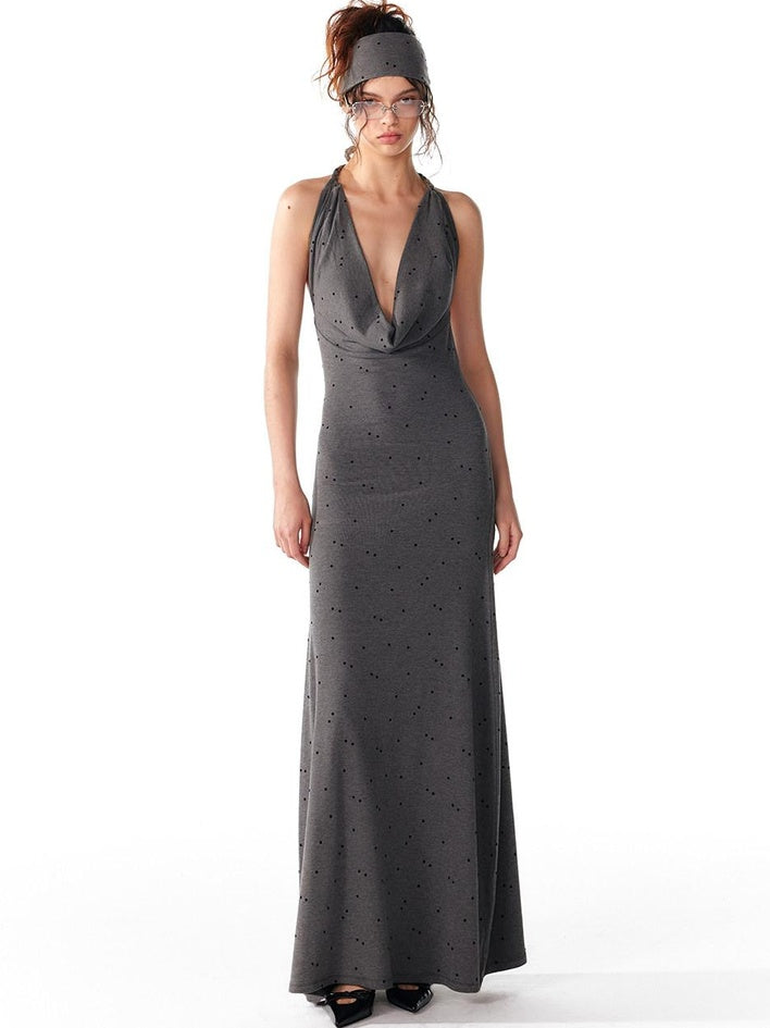 ALINNVSTUDIO Elegant Halter Neck Cinched Waist Modal Sleeveless Solid Black Grey Maxi Dresses