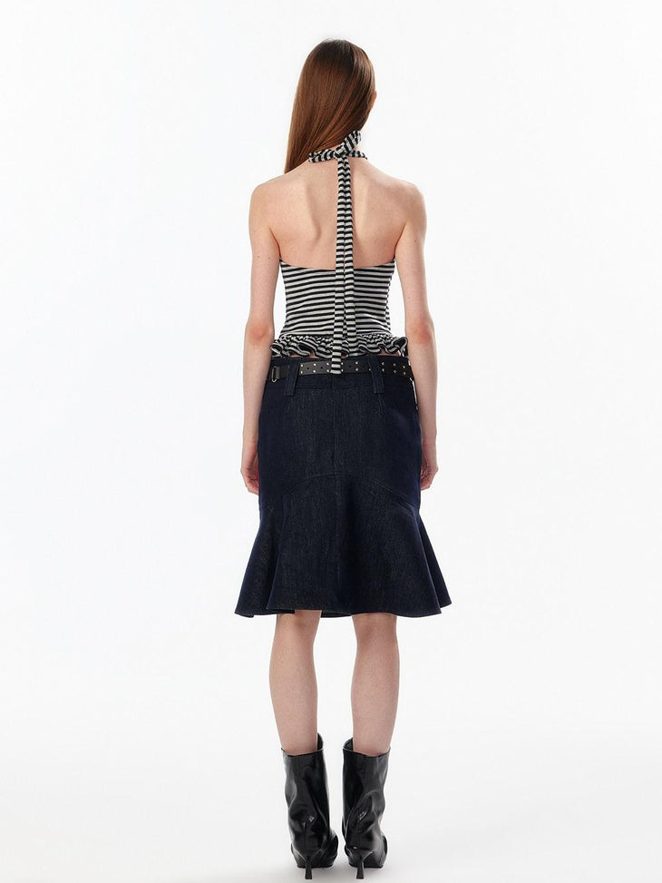 ALINNVSTUDIO Lined Wide Waistband Fishtail Mermaid Back Zipper Women Black Denim Midi Skirts