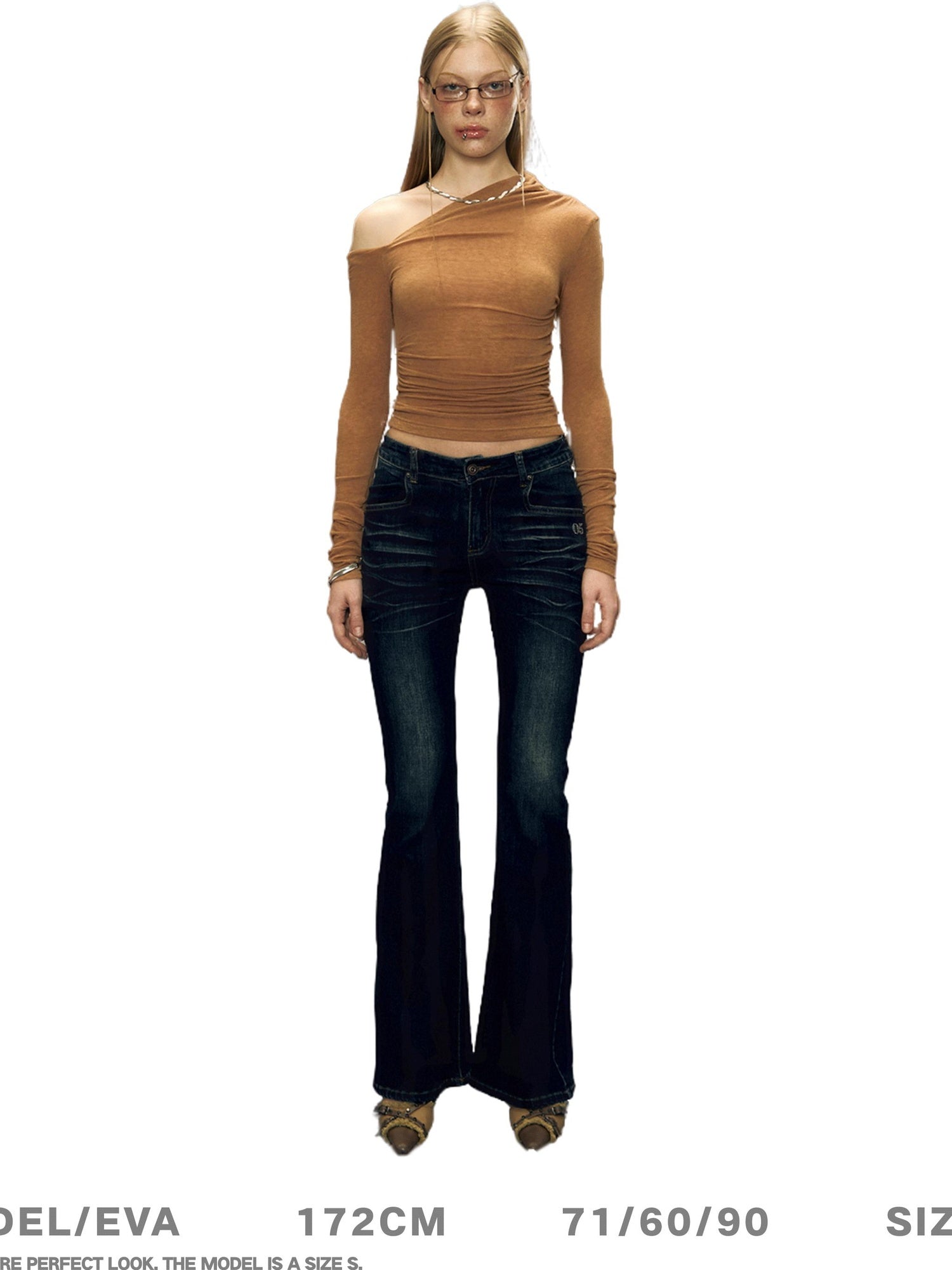 DeleteEx Office Chic Fitted Long Sleeve Asymmetric Neckline Off Shoulder Crop Tops