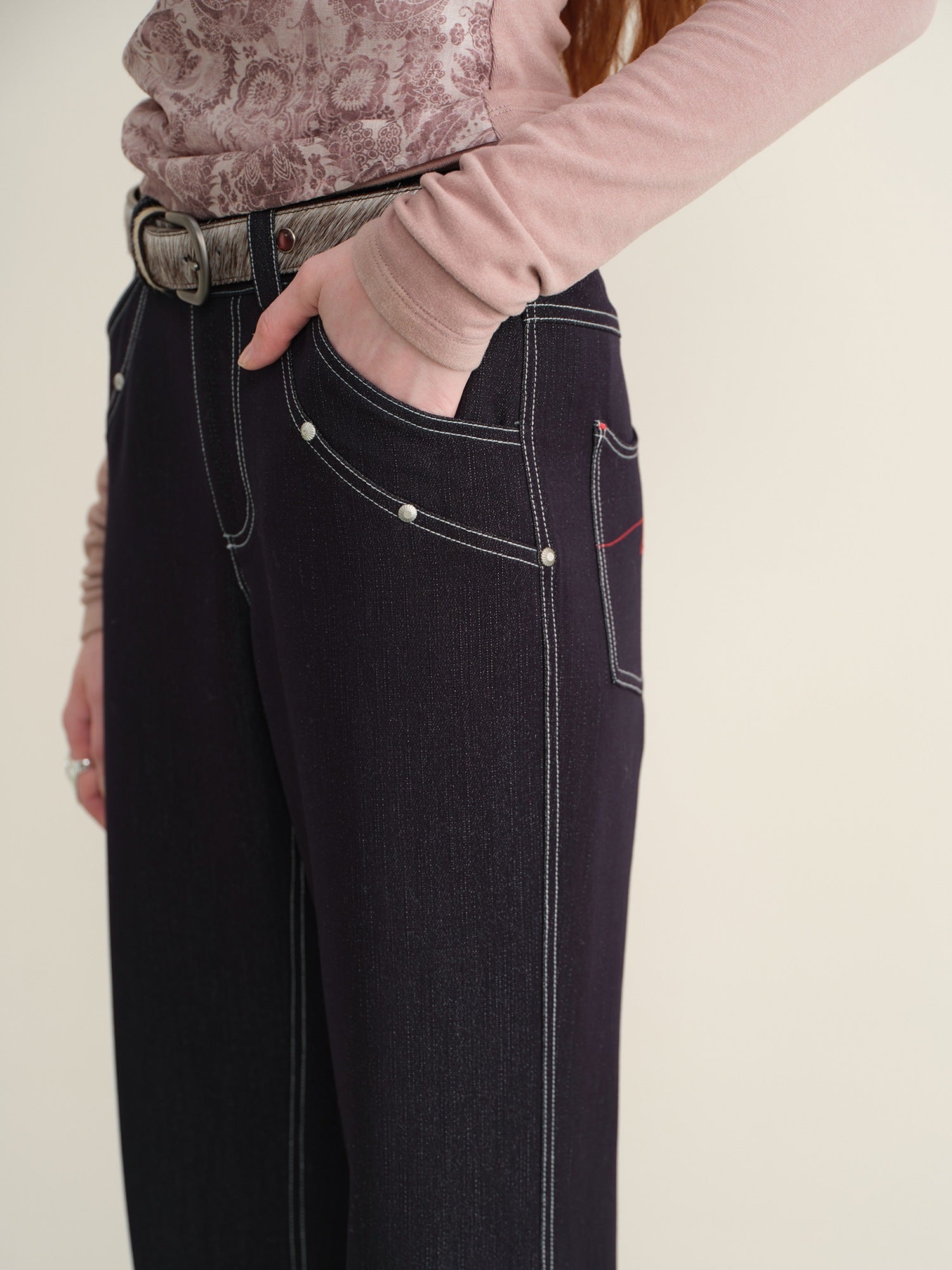 someonesometimes Stretch Minimal Natural Waist Topstitch Detail Women Midnight Blue Flared Jeans
