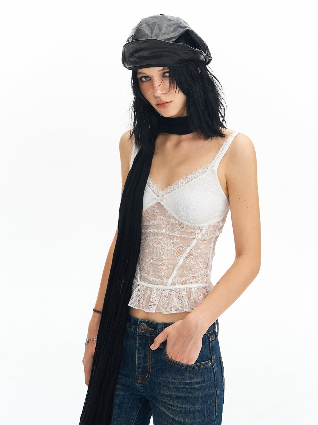 DeleteEx Padded Lace V-neck Slim Girly Layering Strap Women White Camisoles