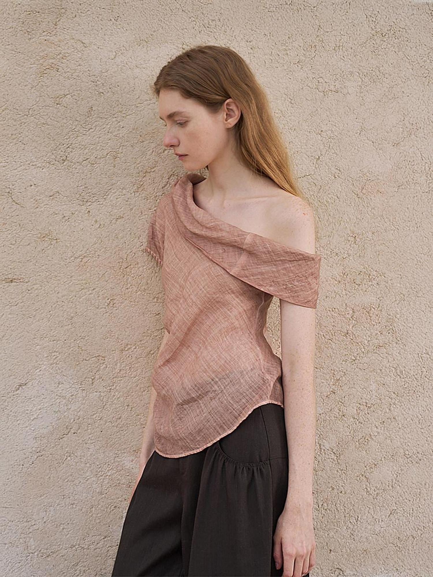 someonesometimes Antibacterial Uv Pure Ramie Pleated Slim One Shoulder Women Brick Pink Tank Tops