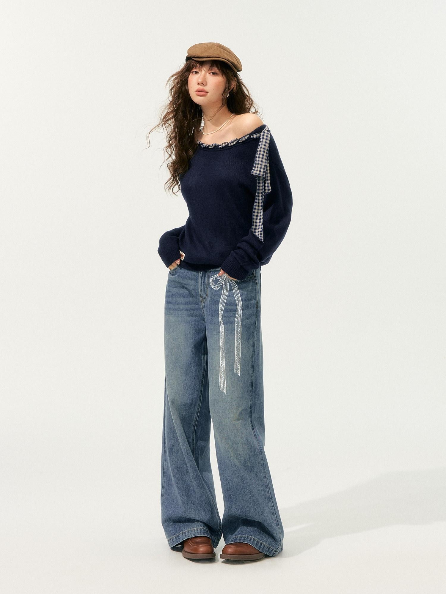 SOMESOWE Acrylic Plaid Drawstring Bow Casual Loose Fit Crew Neck Women Daily Sweaters