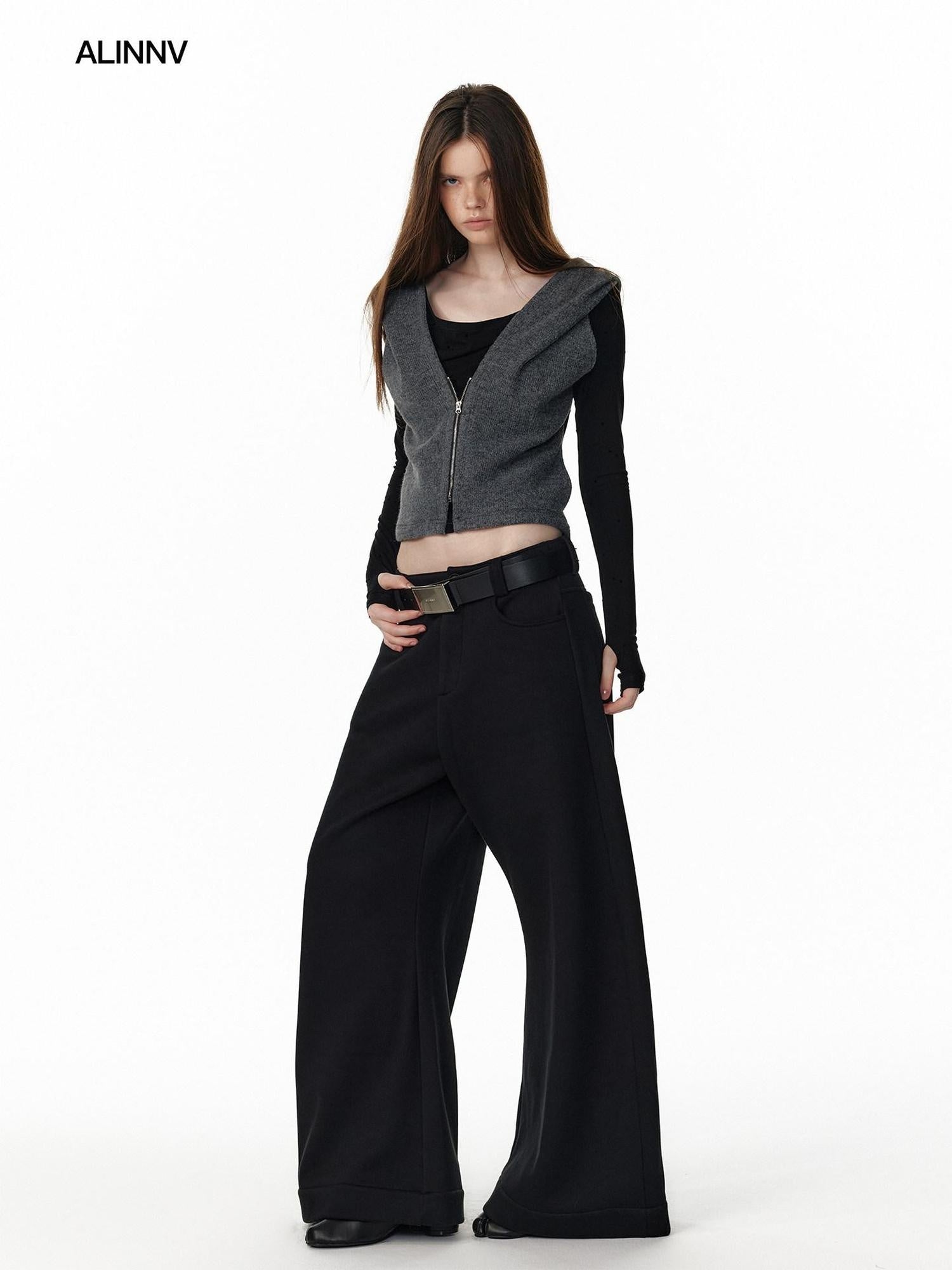 ALINNVSTUDIO Plaid Low Rise Loose American Style Zipper Front Women Wide Leg Pants