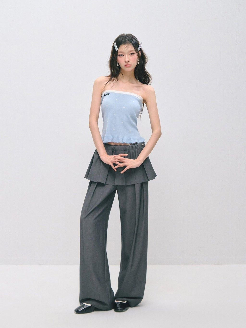 SOMESOWE Ruffle Collared Cardigan Long Sleeve Loose Fit Women Blue Top & Skirt Sets