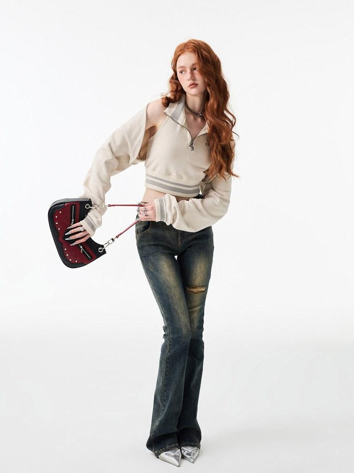 1JINN STUDIO Thick Micro Stretch Vintage Washed Slim Natural Waist Women Denim Flared Jeans