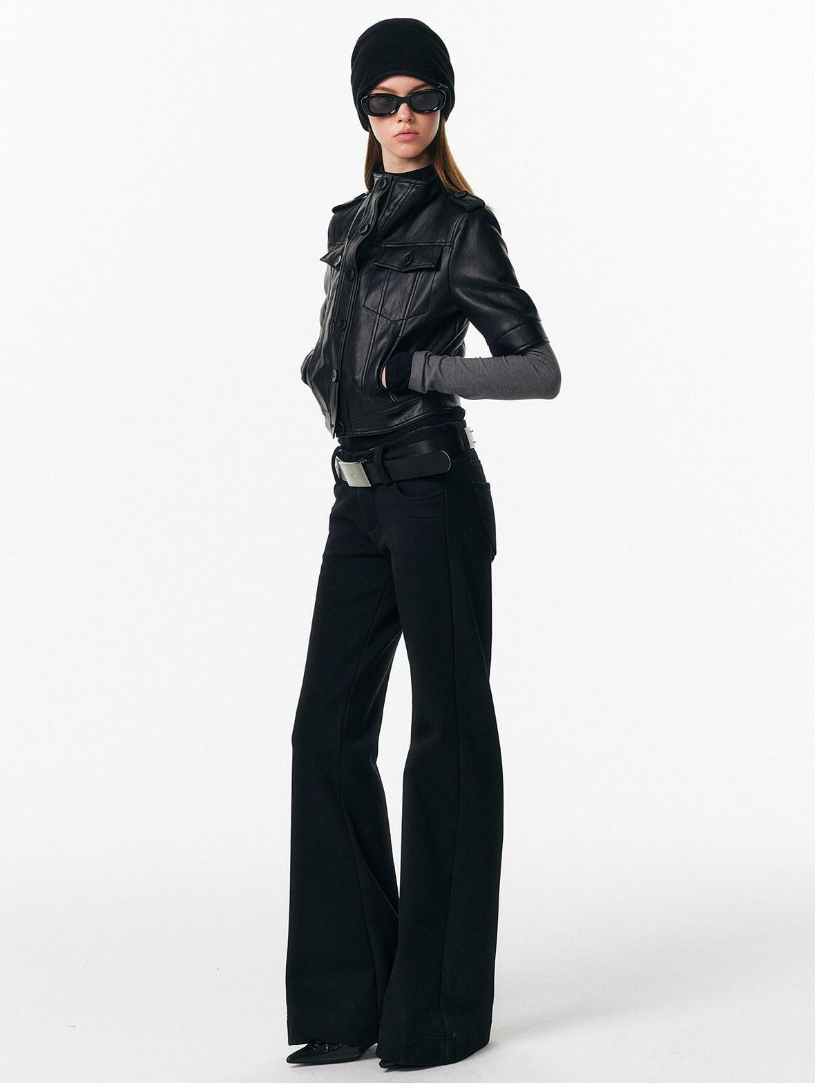 ALINNVSTUDIO Sleek Pu Slim Fit Cropped Short Sleeve Stand Collar Women Leather Jackets