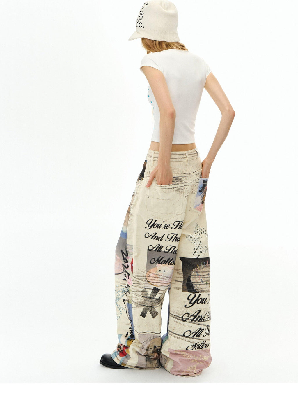 DeleteEx Cotton Washed Print Loose Natural Waist Zipper Wide Leg Jeans