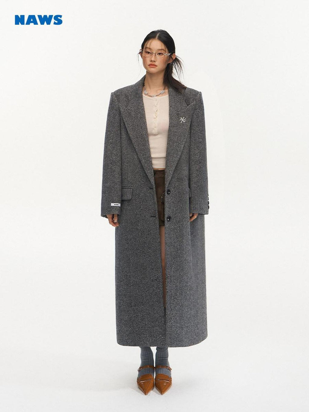NAWSNOTAWEAR Herringbone Wool Blend Loose Fit Blazer Collar Women Single Breasted Wool Coats