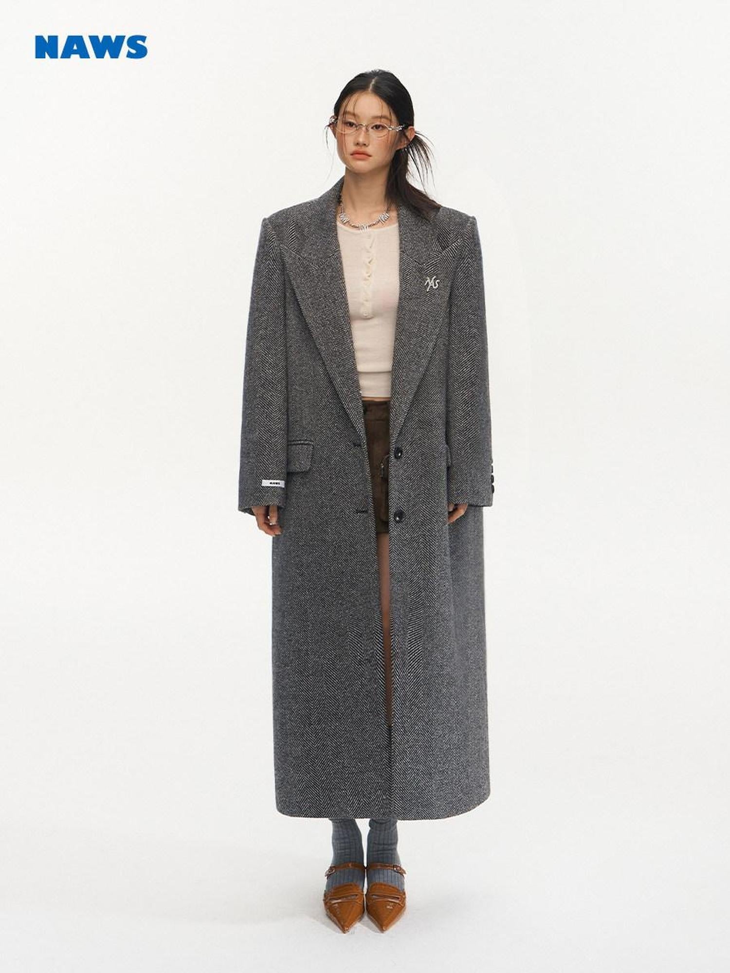 NAWSNOTAWEAR Herringbone Wool Blend Loose Fit Blazer Collar Women Single Breasted Wool Coats