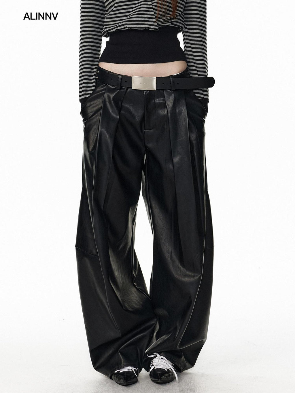 ALINNVSTUDIO Pu Leather Utility Natural Waist Curved Seam Black Women Wide Leg Pants
