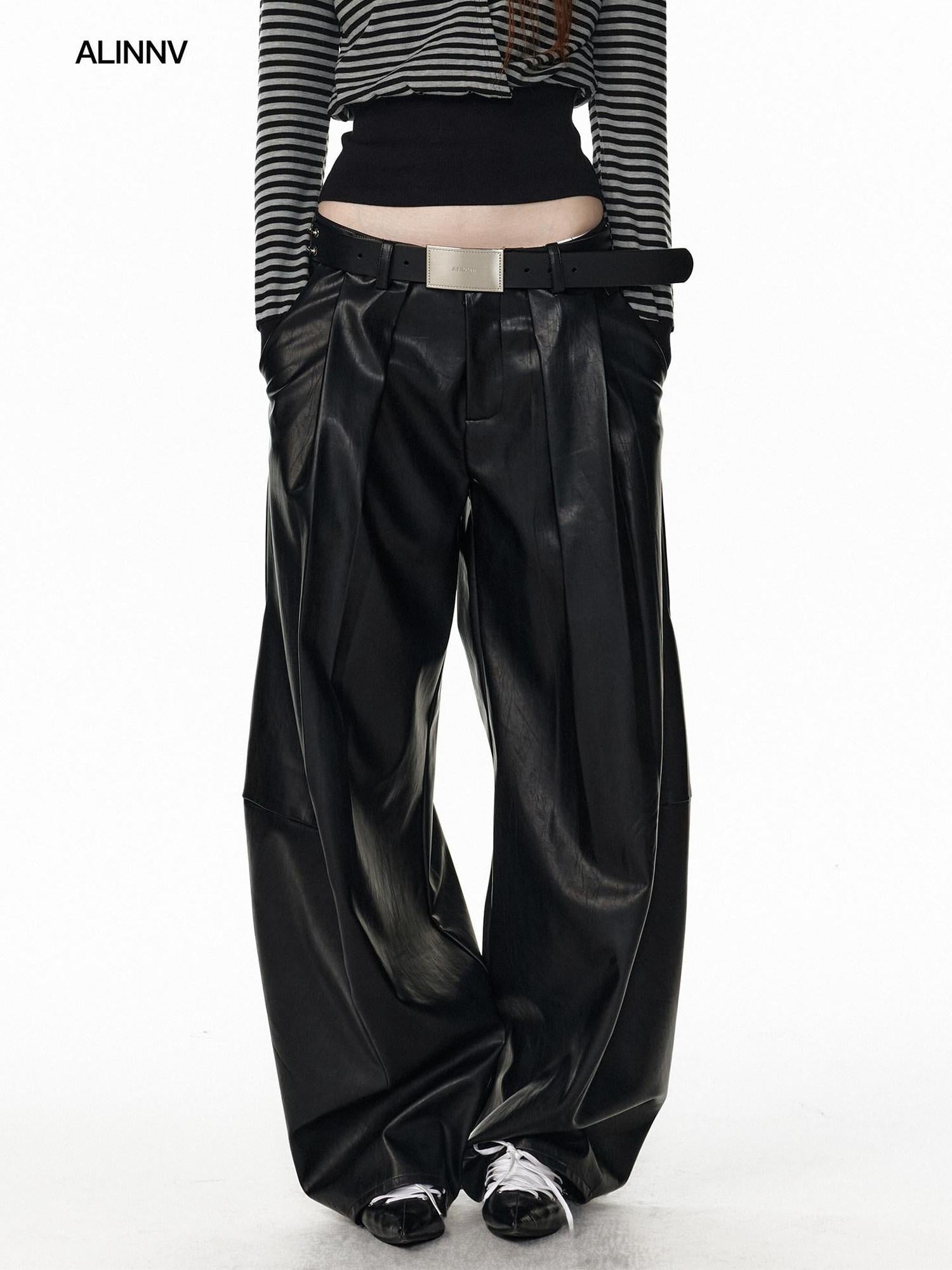 ALINNVSTUDIO Pu Leather Utility Natural Waist Curved Seam Black Women Wide Leg Pants
