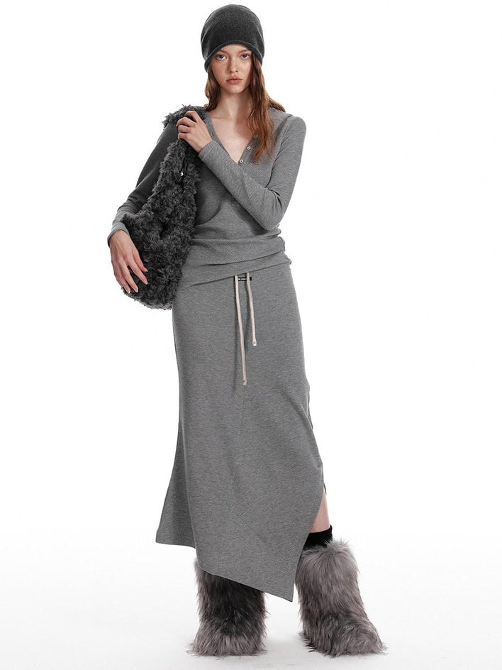 ALINNVSTUDIO Cozy Hooded Long Sleeve Button Front Curved Hem Youth Gray Top & Skirt Sets