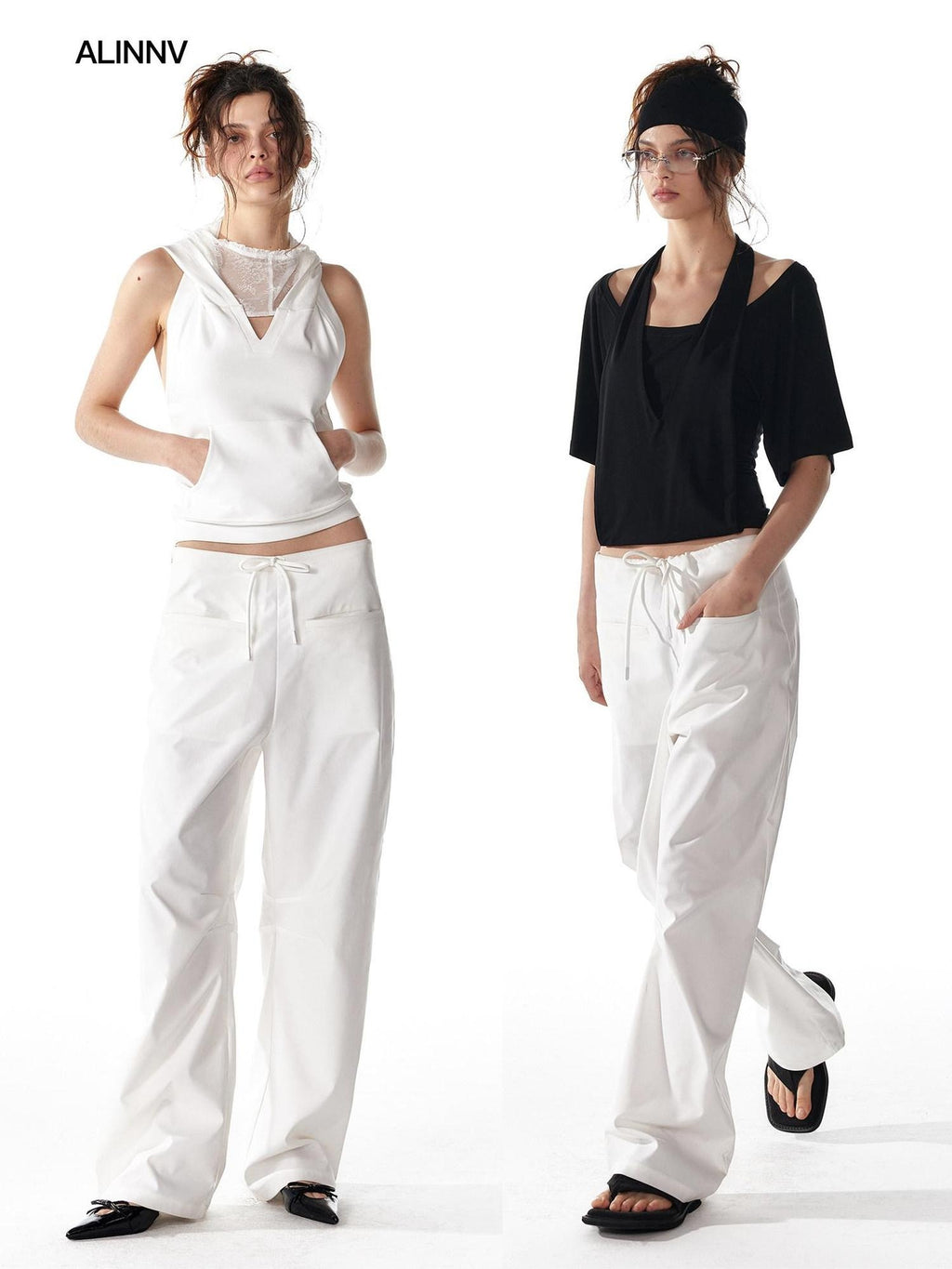 ALINNVSTUDIO Minimalist 100 Percent Polyester Low Waist Zip Fly Loose Wide Leg Pants