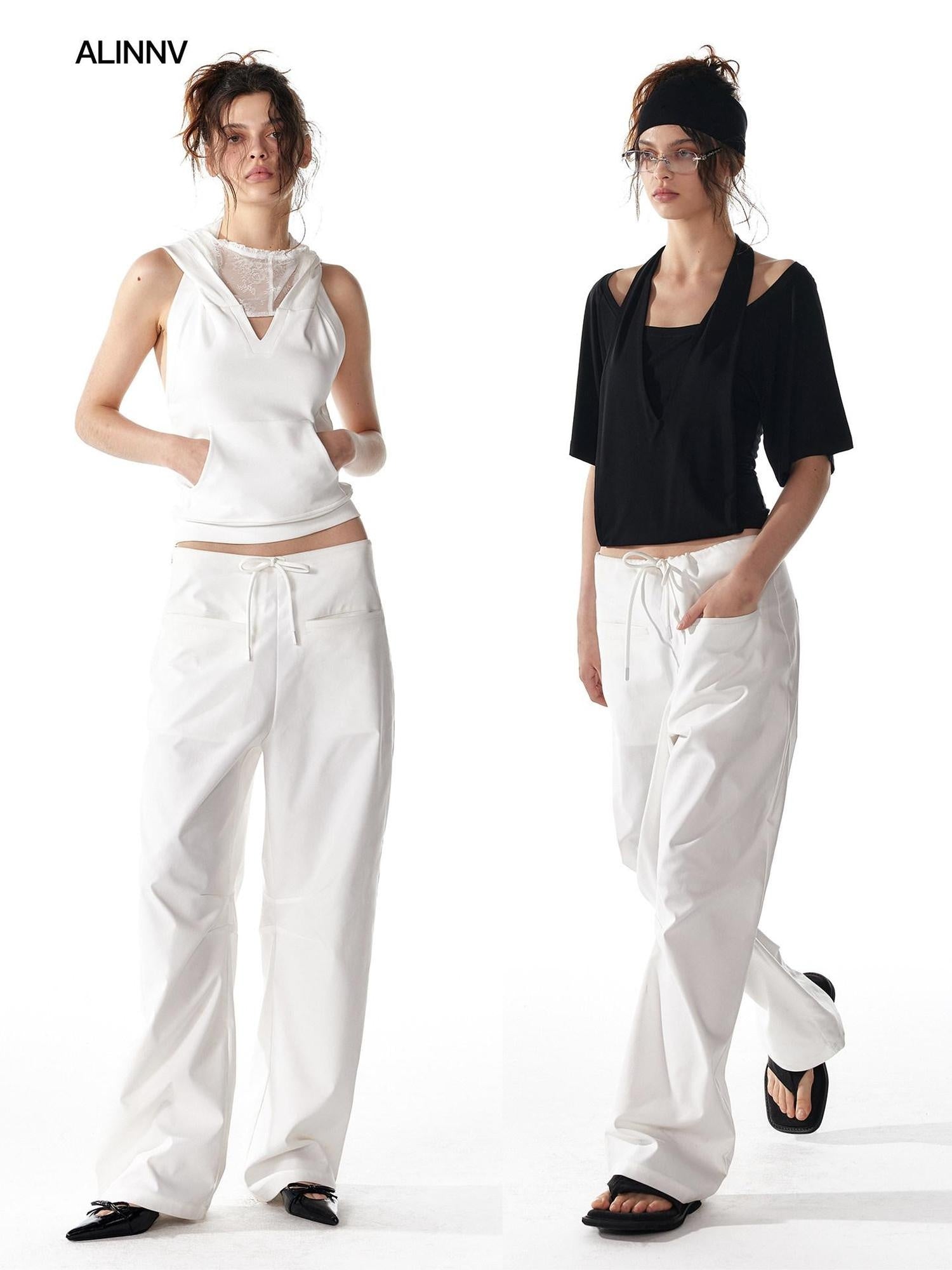 ALINNVSTUDIO Minimalist 100 Percent Polyester Low Waist Zip Fly Loose Wide Leg Pants