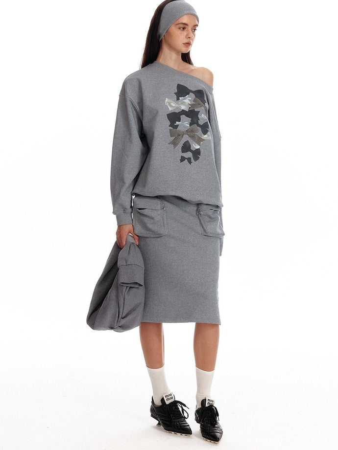 ALINNVSTUDIO Bow Accent Loose Fit Office Round Neck Women White And Gray Sweatshirt