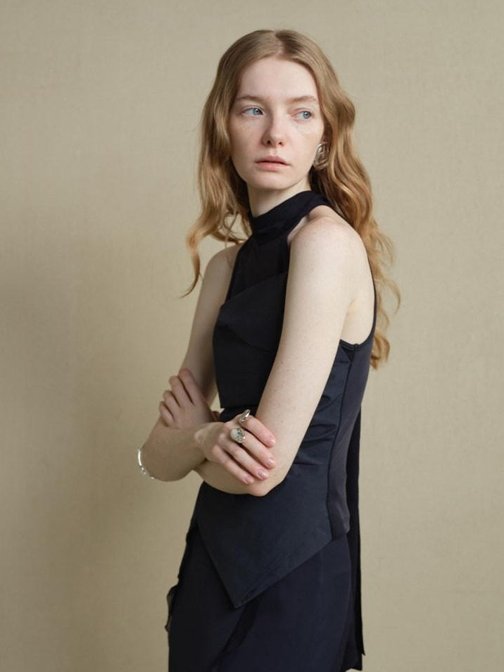 someonesometimes Slim Cutout Ruched Tie Front Korean Casual Navy Poly Tank Tops