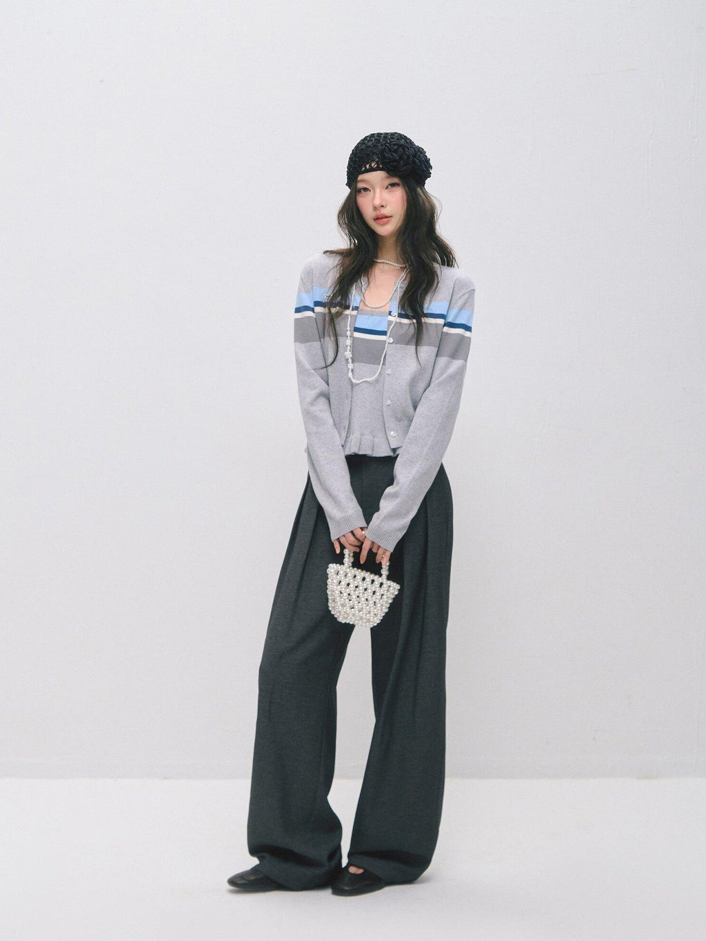 SOMESOWE Ruffle Collared Cardigan Long Sleeve Loose Fit Women Blue Top & Skirt Sets