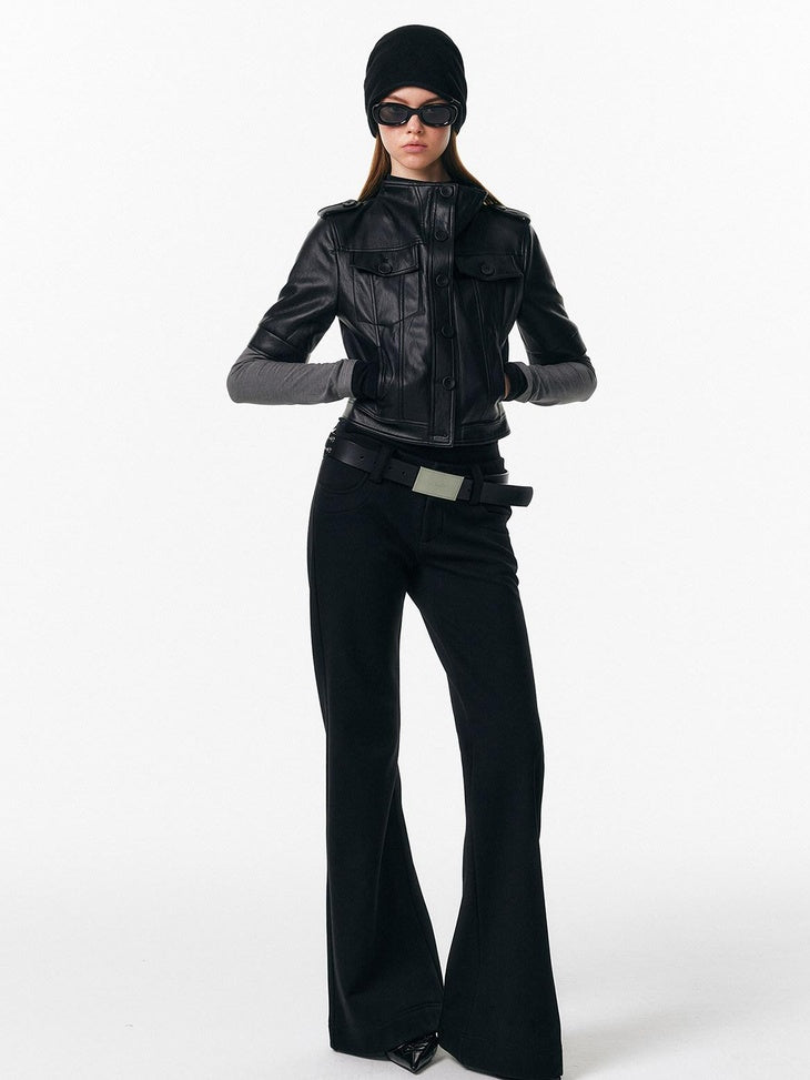 ALINNVSTUDIO Warm Low Rise Casual Zip Fly Slight Stretch Black Women Flared Pants