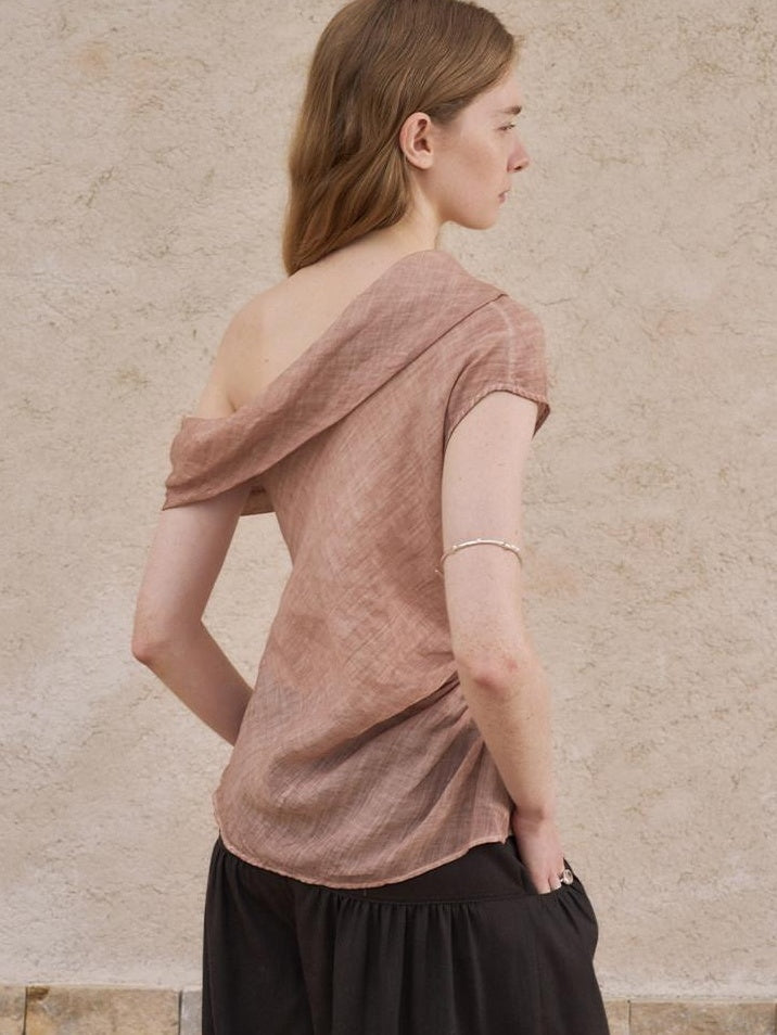 someonesometimes Antibacterial Uv Pure Ramie Pleated Slim One Shoulder Women Brick Pink Tank Tops