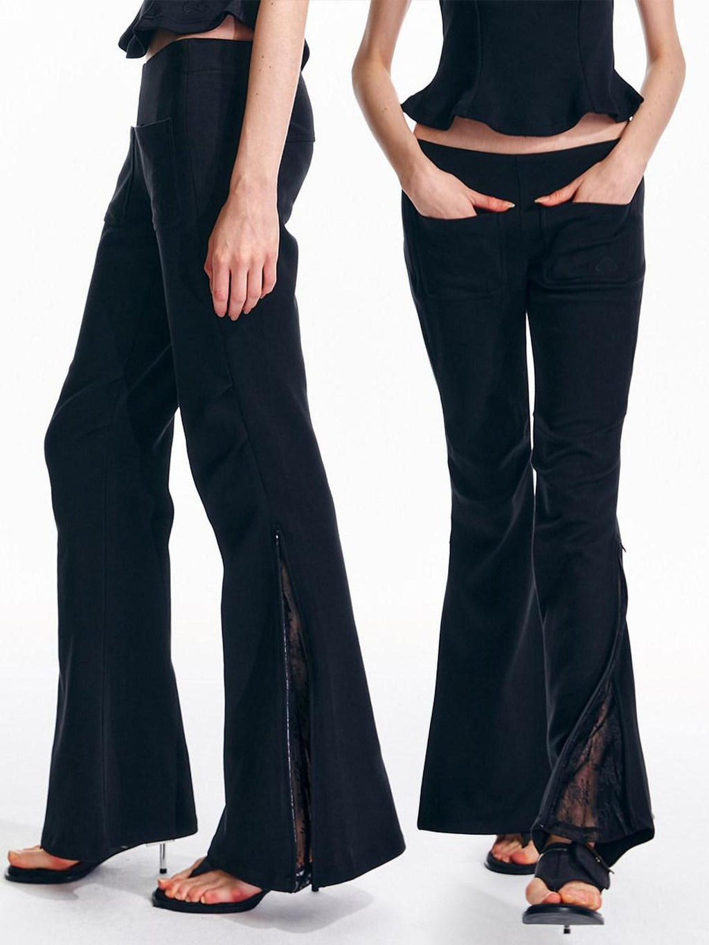 ALINNVSTUDIO Sleek Low Rise Straight To Flare Original Black Gray Flare Hem Flared Pants