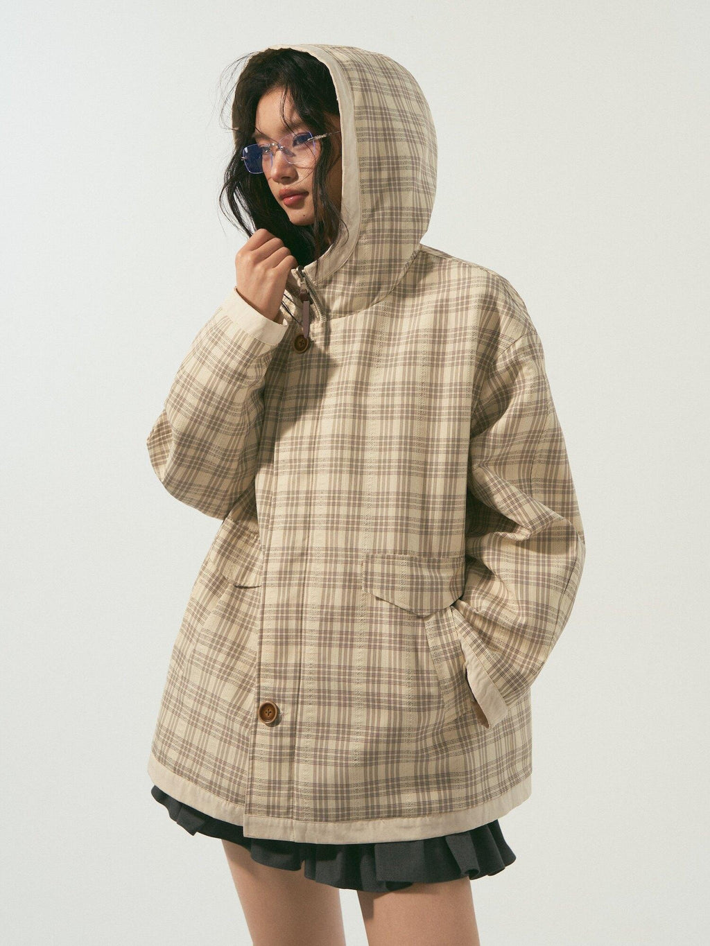SOMESOWE Versatile Hooded Mid Length Loose Fit Women Plaid Polyester Jackets