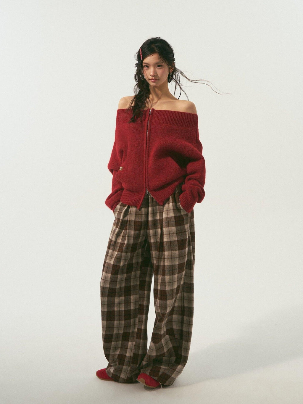 SOMESOWE Original Plaid Pocket Relaxed Curved Natural Waist Women Daily Grey Sweatpants