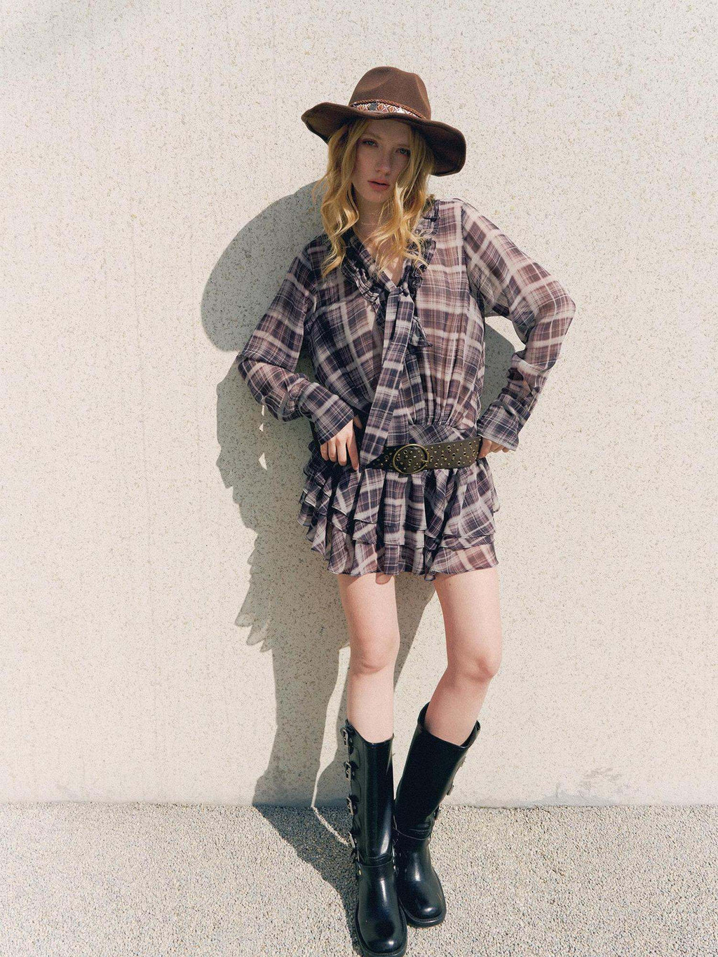 DeleteEx Chic Vintage Asymmetrical V-neck Slim Long Sleeve Plaid Citywalk Mini Dresses